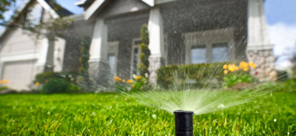low, close up shot of residential Irrigation System In Front Of A House