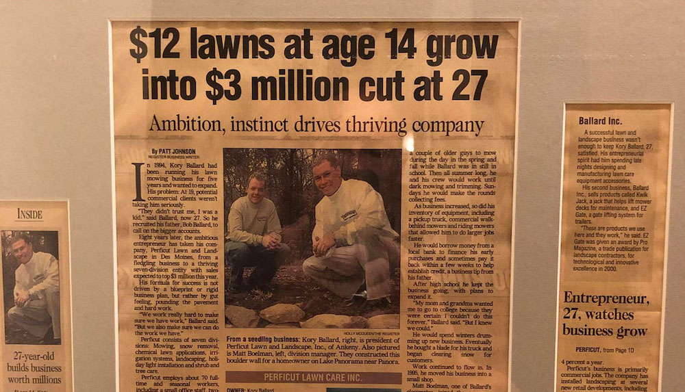 Newspaper article about Perficut. headline says $12 lawns at age 14 grow into $3 million cut at 27."